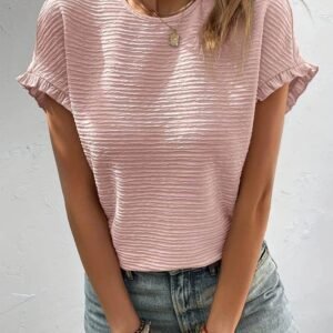 Light Pink Solid Textured Ruffled Short Sleeve Blouse