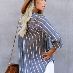 Blue Striped V Neck Pocket Long Sleeve Top