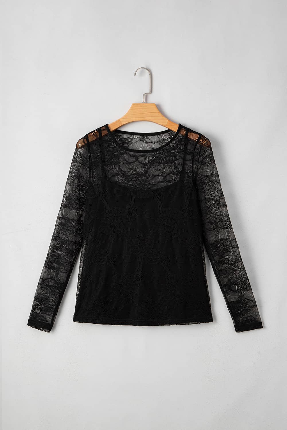 Black Lace Crochet Mesh Patched Slim Fit Long Sleeve Top