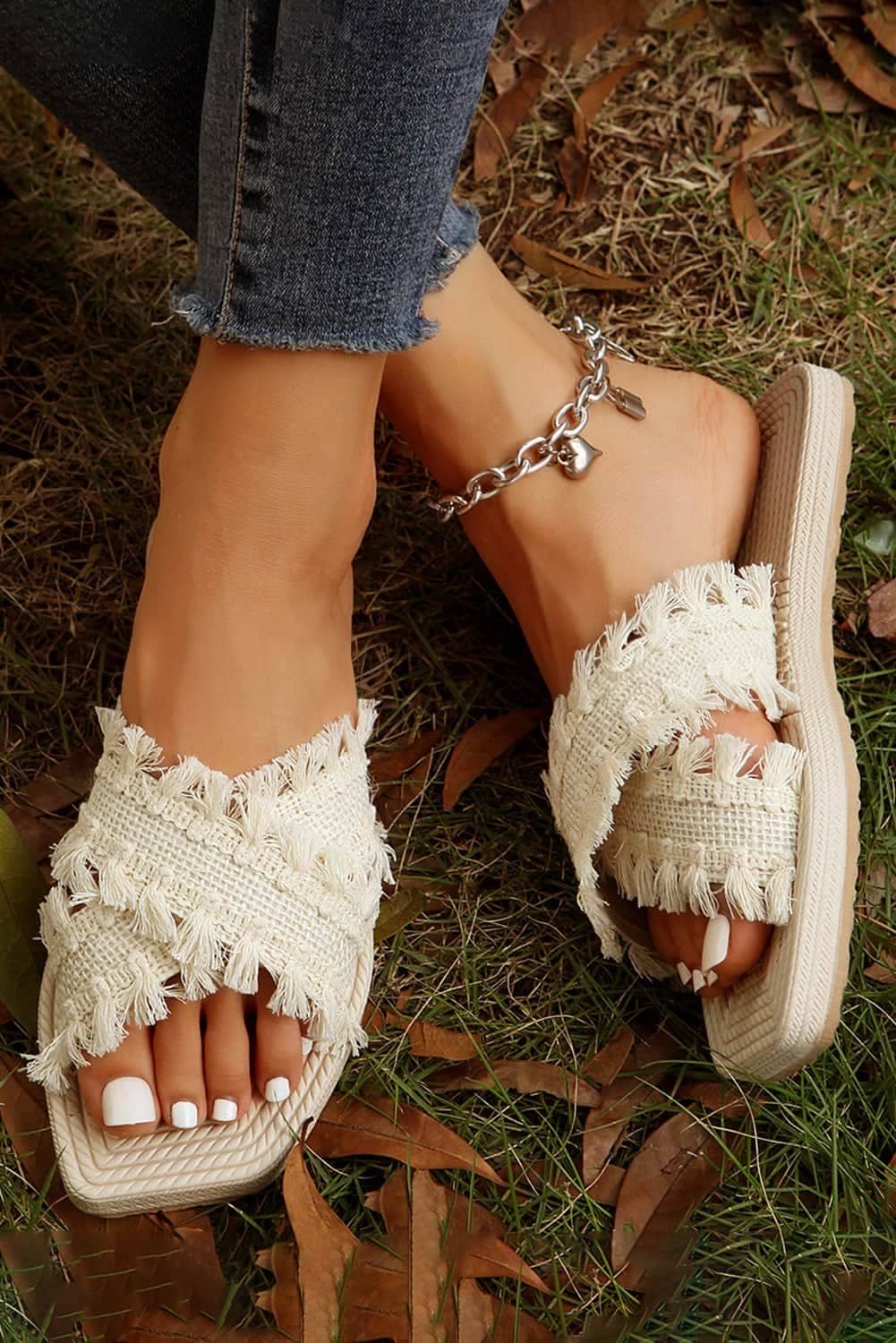 Beige Tassel Woven Crossed Straps Flat Slippers - Image 2