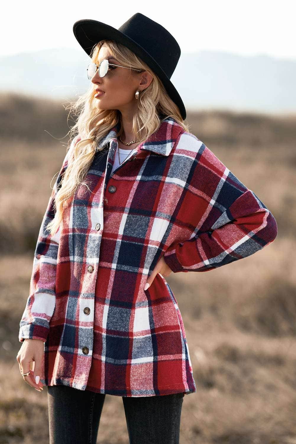 Red Plaid Print Buttoned Shirt Jacket