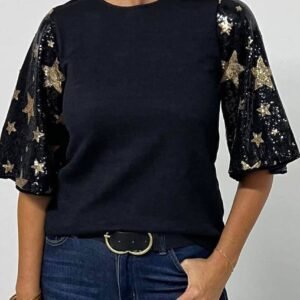 Black Star Sequin Splicing Half Sleeve Top