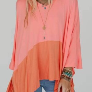 Grapefruit Orange Contrast Color Patchwork Oversized Side Split Top