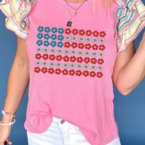 Bonbon Flower Graphic Striped Ruffled Short Sleeve Ribbed Knit Top