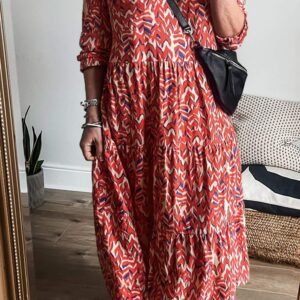 Plus Size Abstract Print Notch V Neck High Waist Maxi Dress