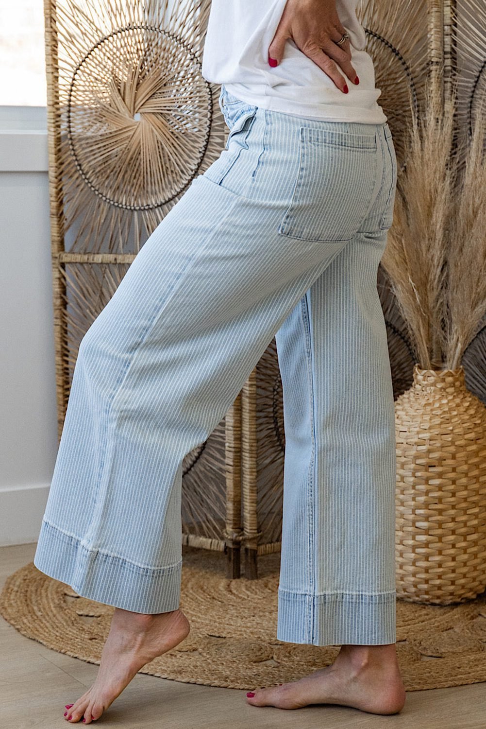 Sky Blue Stripe Button Flap Pocket Cuffed Hem Wide Leg Jeans