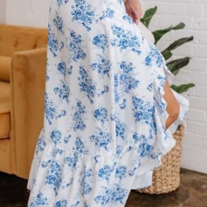 Sky Blue Boho Floral High Waist Ruffle Split Maxi Skirt