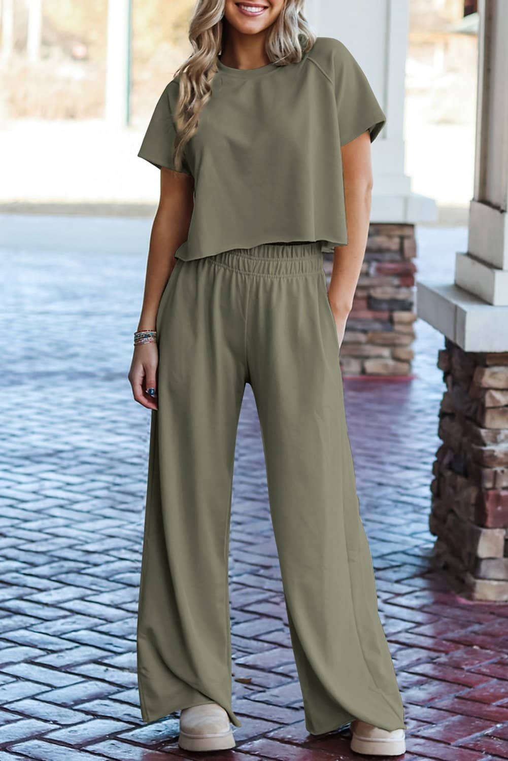 Seagrass Raw Hem Loose Tee And Wide Leg Pants Set