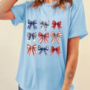 Light Blue Independence Day Bowknot Graphic Tee