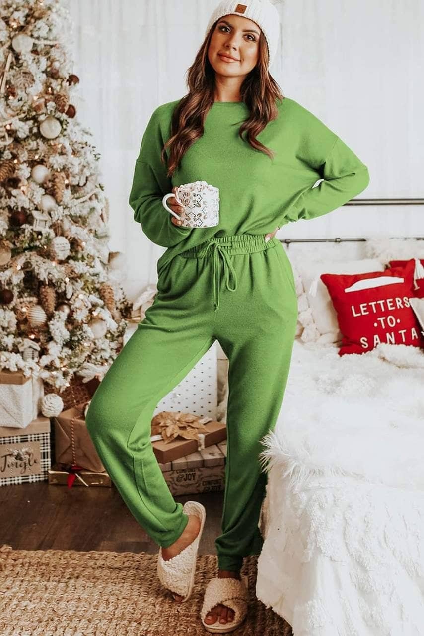 Spinach Green Long Sleeve Pullover And Jogger Pants Lounge Set