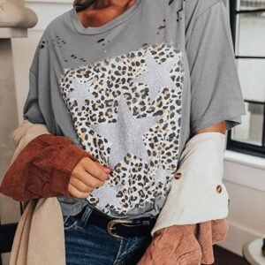 Medium Grey Stars Leopard Graphic Distressed Tee