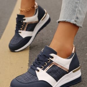 Sail Blue Glitter Patched Lace-Up Wedge Sneakers