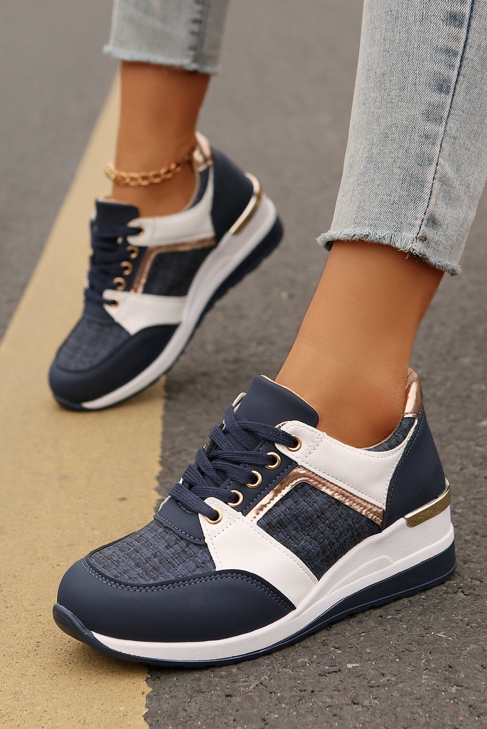 Sail Blue Glitter Patched Lace-Up Wedge Sneakers