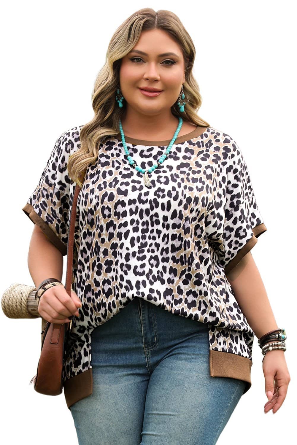 Khaki Leopard Contrast Trim Short Sleeve Loose Plus Size Top