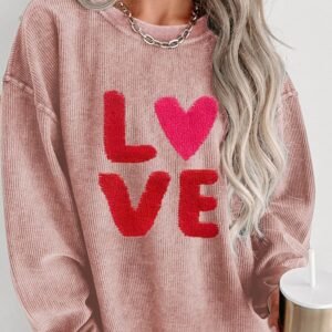 Pink Valentines Love Chenille Embroidered Corded Sweatshirt