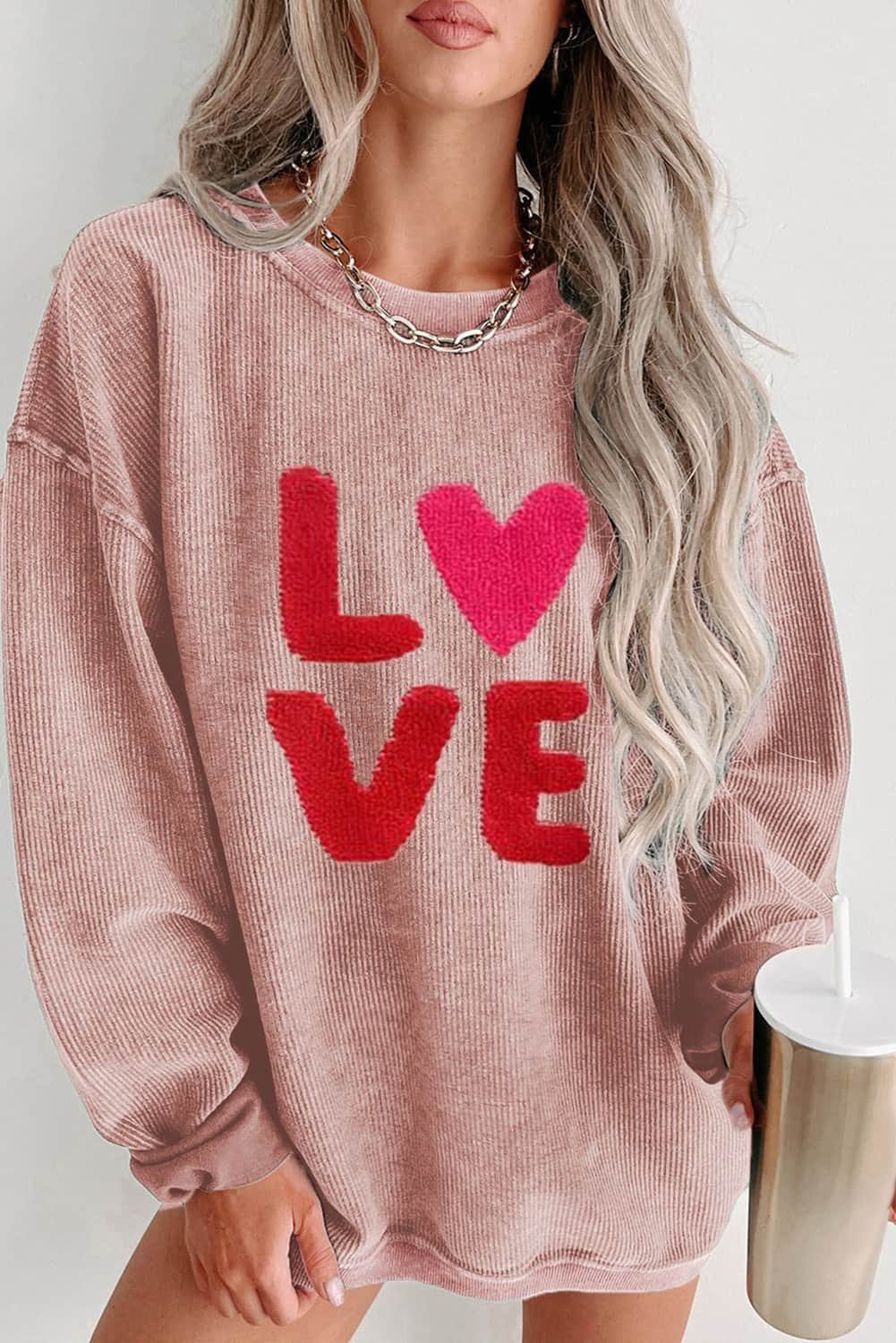 Pink Valentines Love Chenille Embroidered Corded Sweatshirt