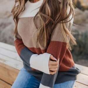 Color Block Knitted O-Neck Pullover Sweater