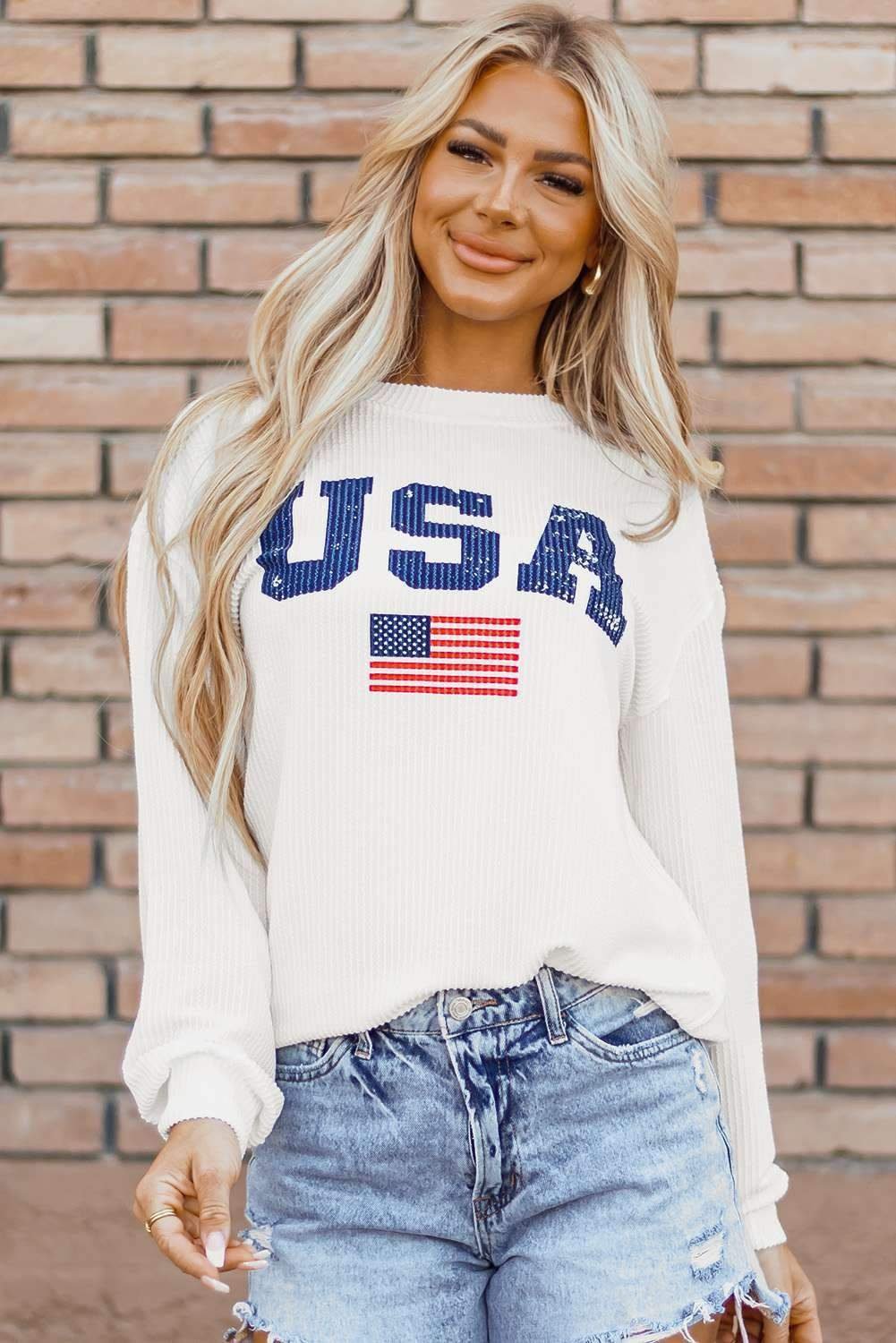 White Usa Flag Corded Graphic Sweatshirt