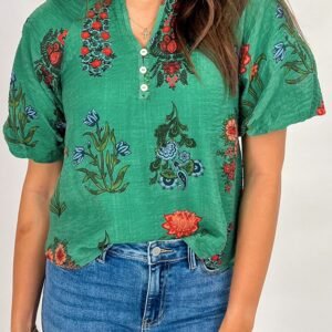 Bright Green Floral Print Buttoned V Neck Short Sleeve Blouse
