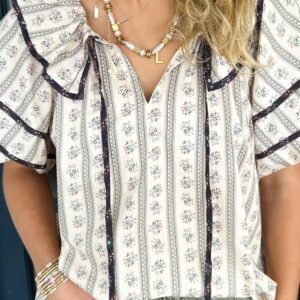 White Floral Ruffled Collar Short Puff Sleeve Printed Blouse