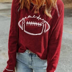 Red Game Day Rugby Football Graphic Thermal Knit Top