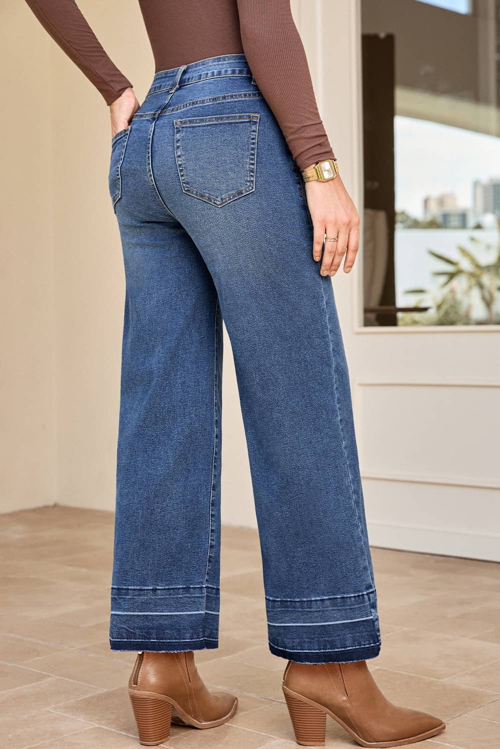 Navy Blue Raw Hem Straight Leg Loose High Waist Jeans