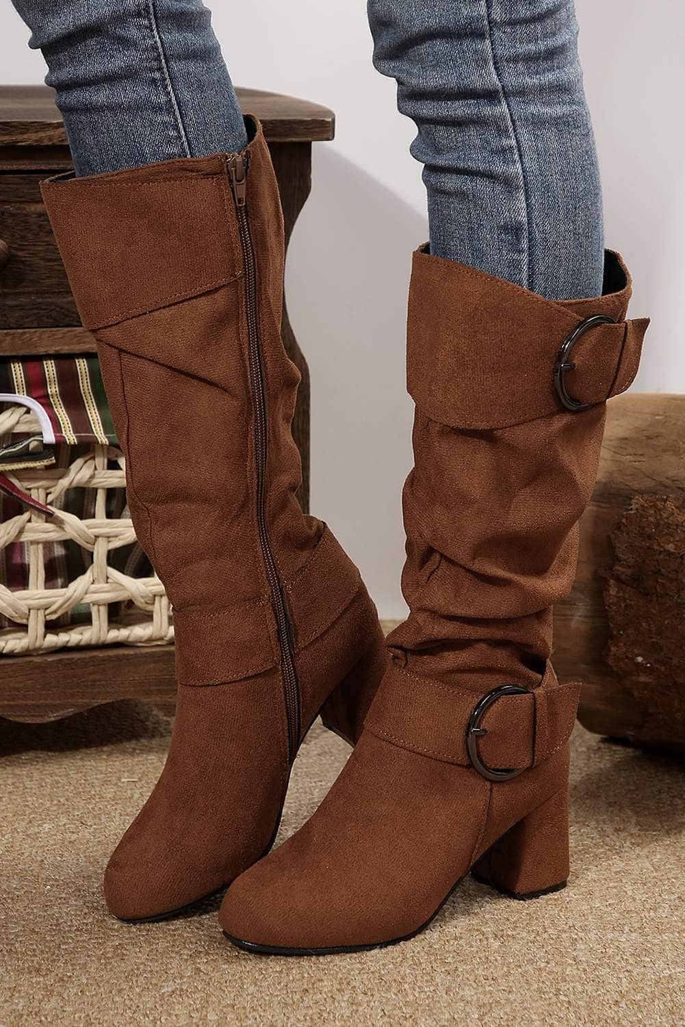 Coffee Suede Double Buckled Side Zipped Mid-Calf Boots