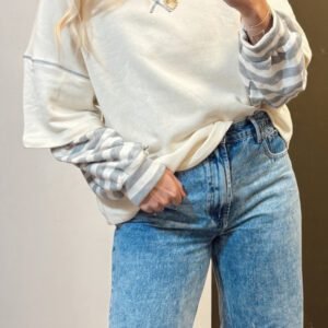 Beige Striped Patchwork Long Sleeve Round Neck Two-In-One Top