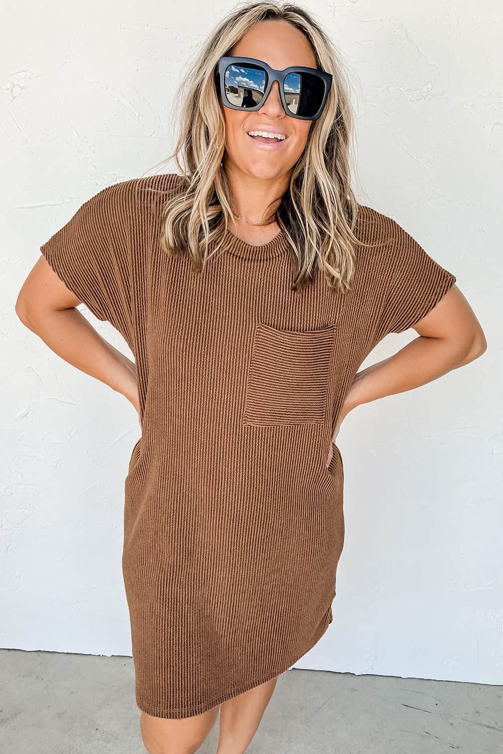 Striped Ribbed Knit T-Shirt Shift Dress