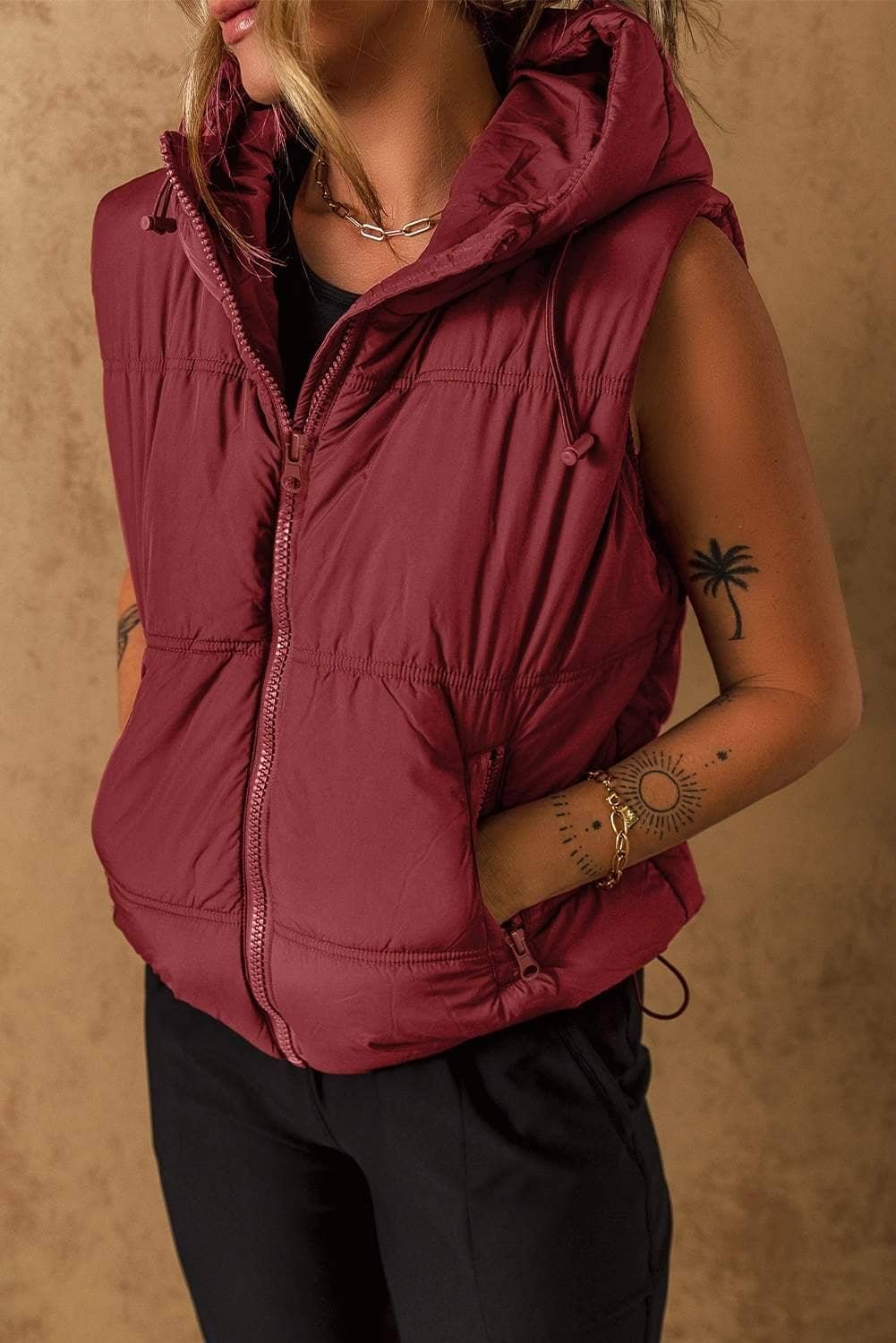Clay Zip-Up Side Pockets Hooded Puffer Vest
