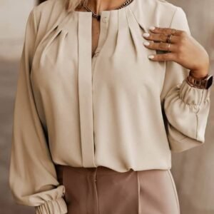 Khaki Crew Neck Gathered Stretch Cuff Shirt