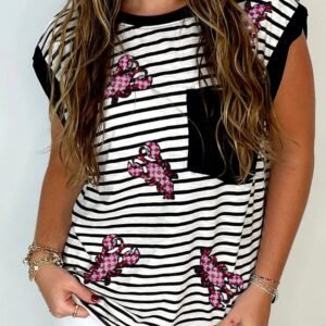 Black Stripe Sequined Lobster Patched Pocket Casual Tank Top