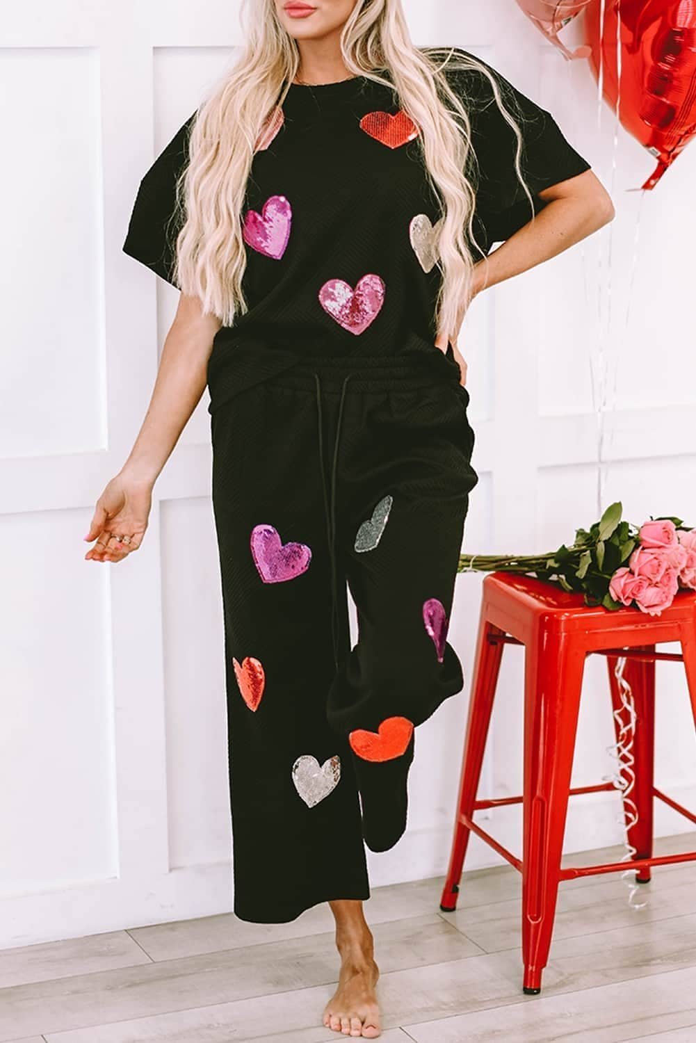 Black Sequin Heart Popping Graphic Textured 2Pcs Outfit