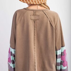 Light French Beige Flower Striped Patchwork Puff Sleeve Loose Sweatshirt