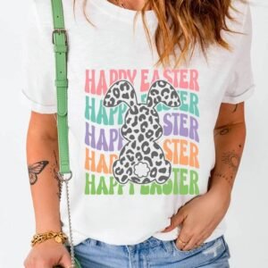 White Happy Easter Rabbit Print Crew Neck T Shirt