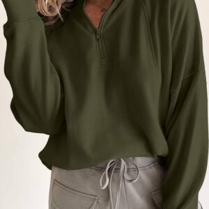 Jungle Green Zipped Neck Pullover Drop Shoulder Sweatshirt