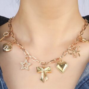 Gold Bow Heart Star Key Charm Alloy Adjustable Chain Necklace