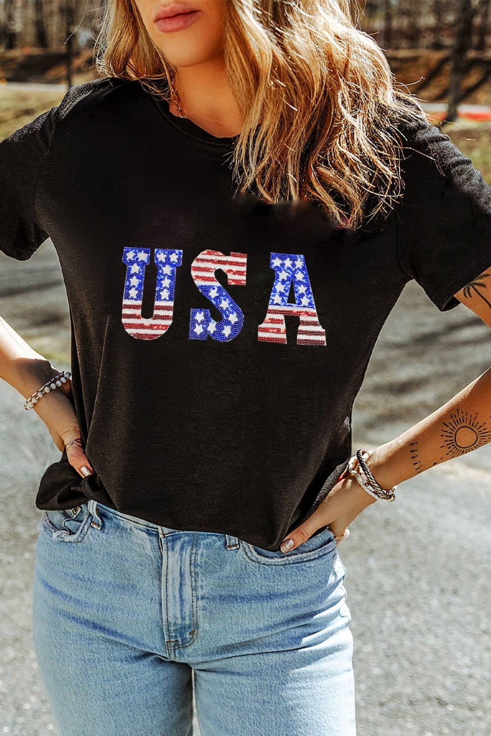 Black Usa Stars And Stripes Crew Neck Graphic Tee