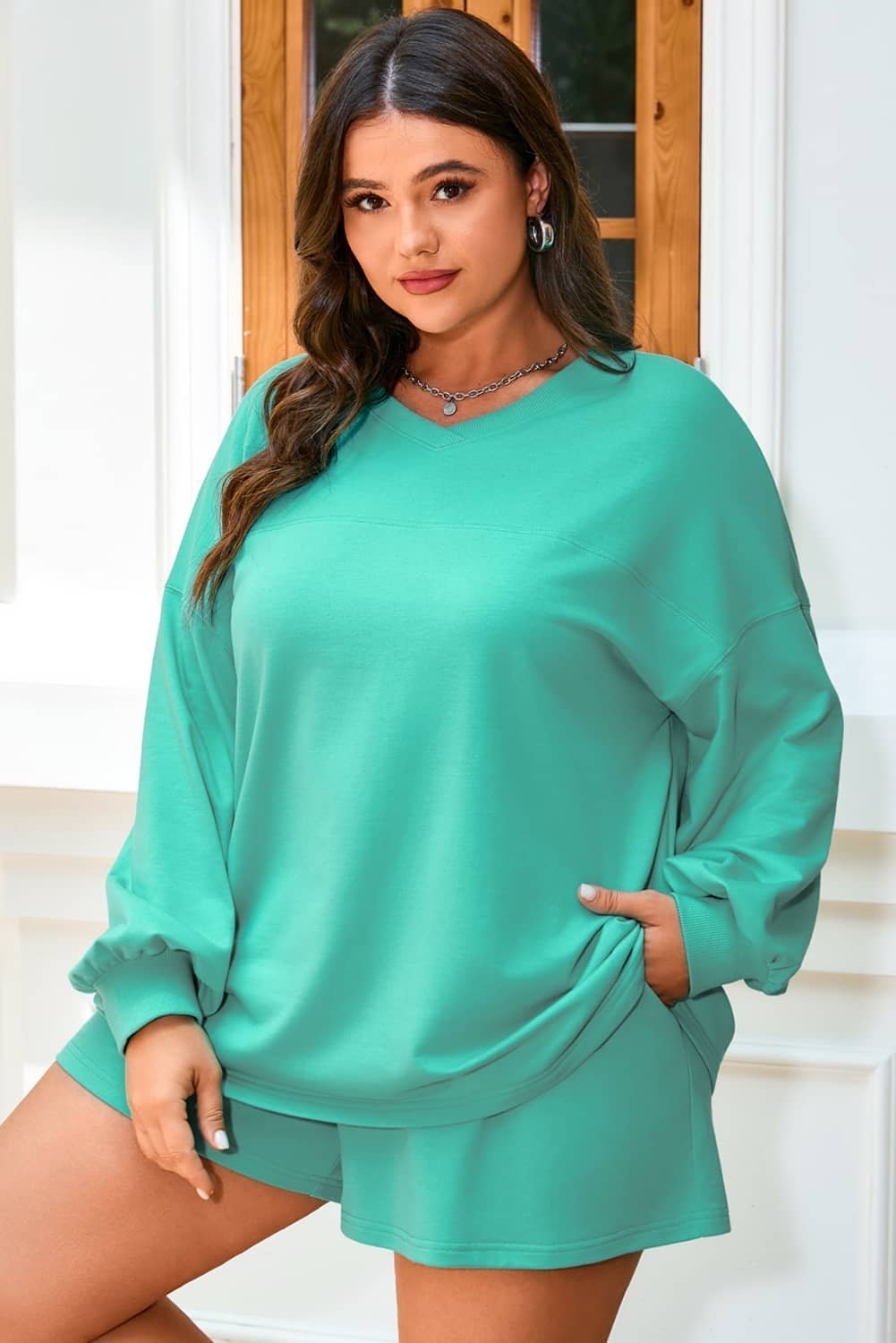 Sea Green Drop Shoulder V Neck Pullover Top And Drawstring Short Plus Size Set