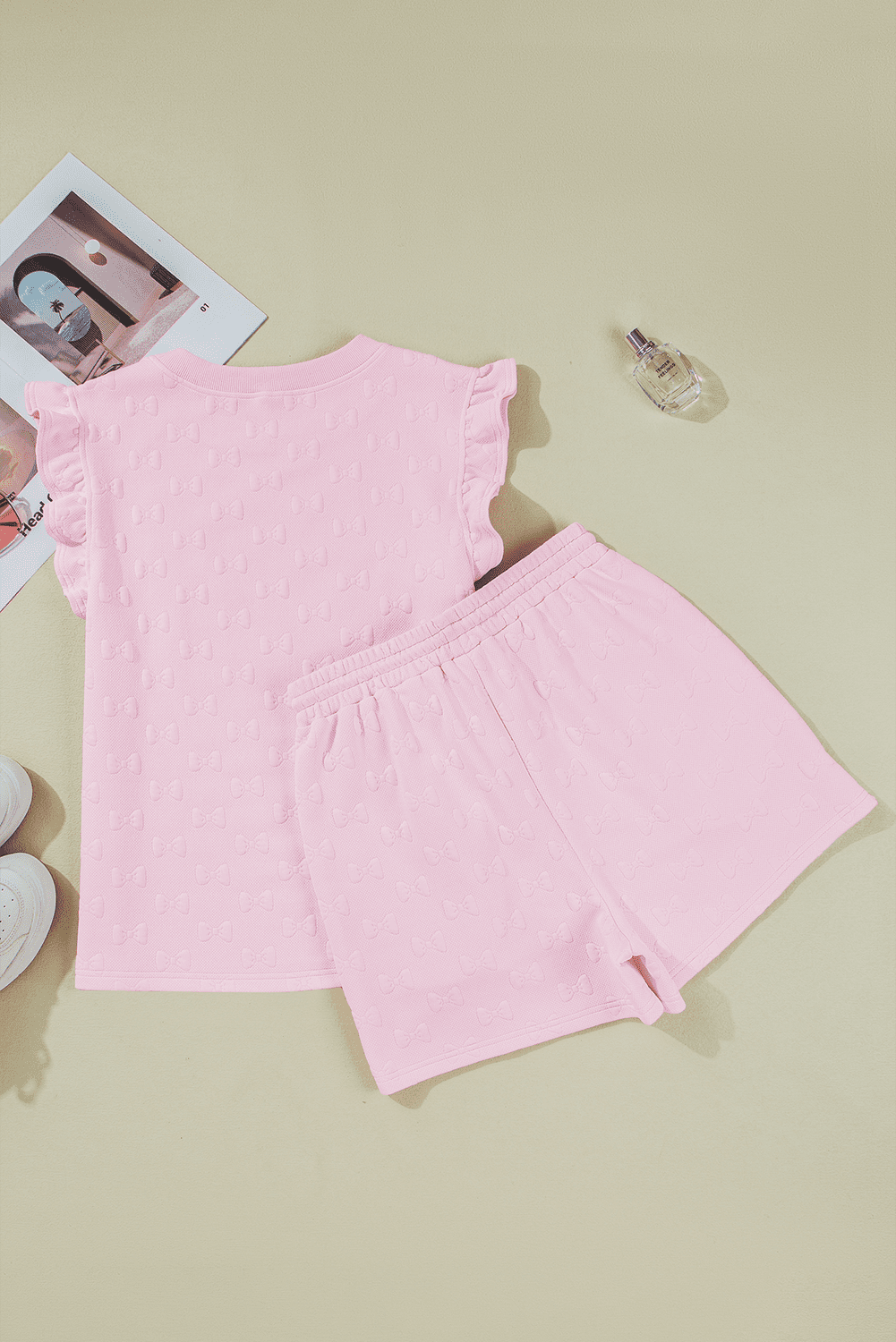 Pink Bow Jacquard Ruffle Sleeve Short 2Pcs Outfit