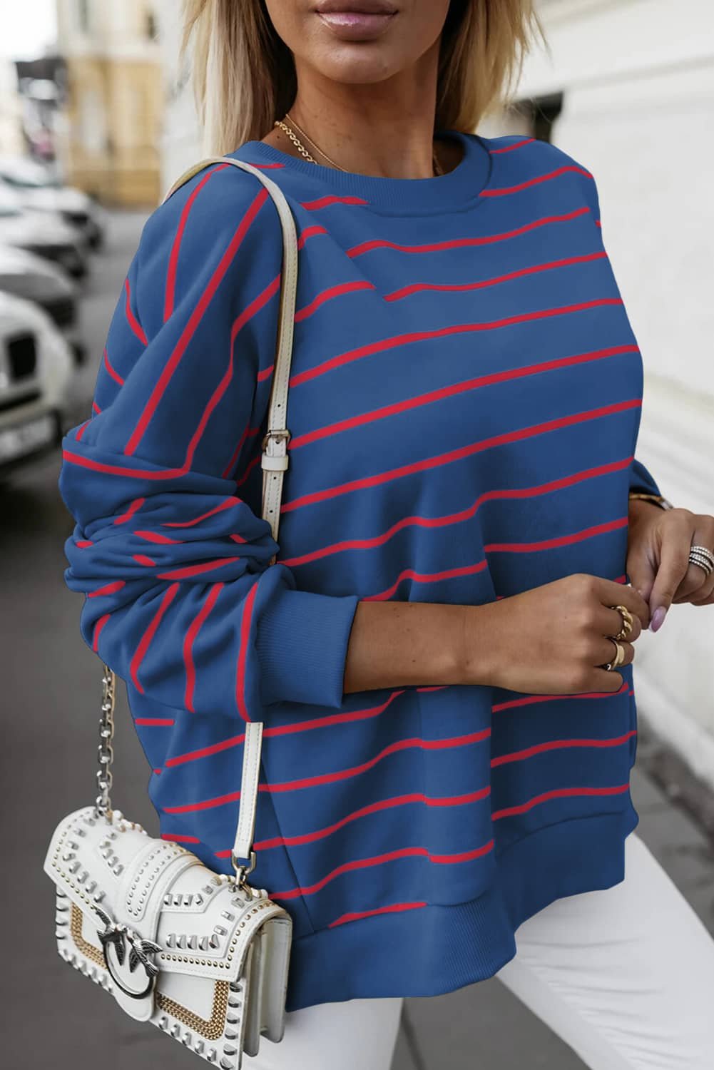 Blue Stripe Stylish Overlap Detail Drop Shoulder Pullover Sweatshirt