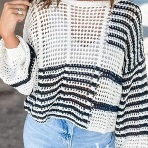 White Stripe Hollow-Out Openwork Knit Puff Sleeve Sweater