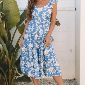 Sky Blue Floral U Neck Flutter Shoulder Tiered Flowy Midi Dress
