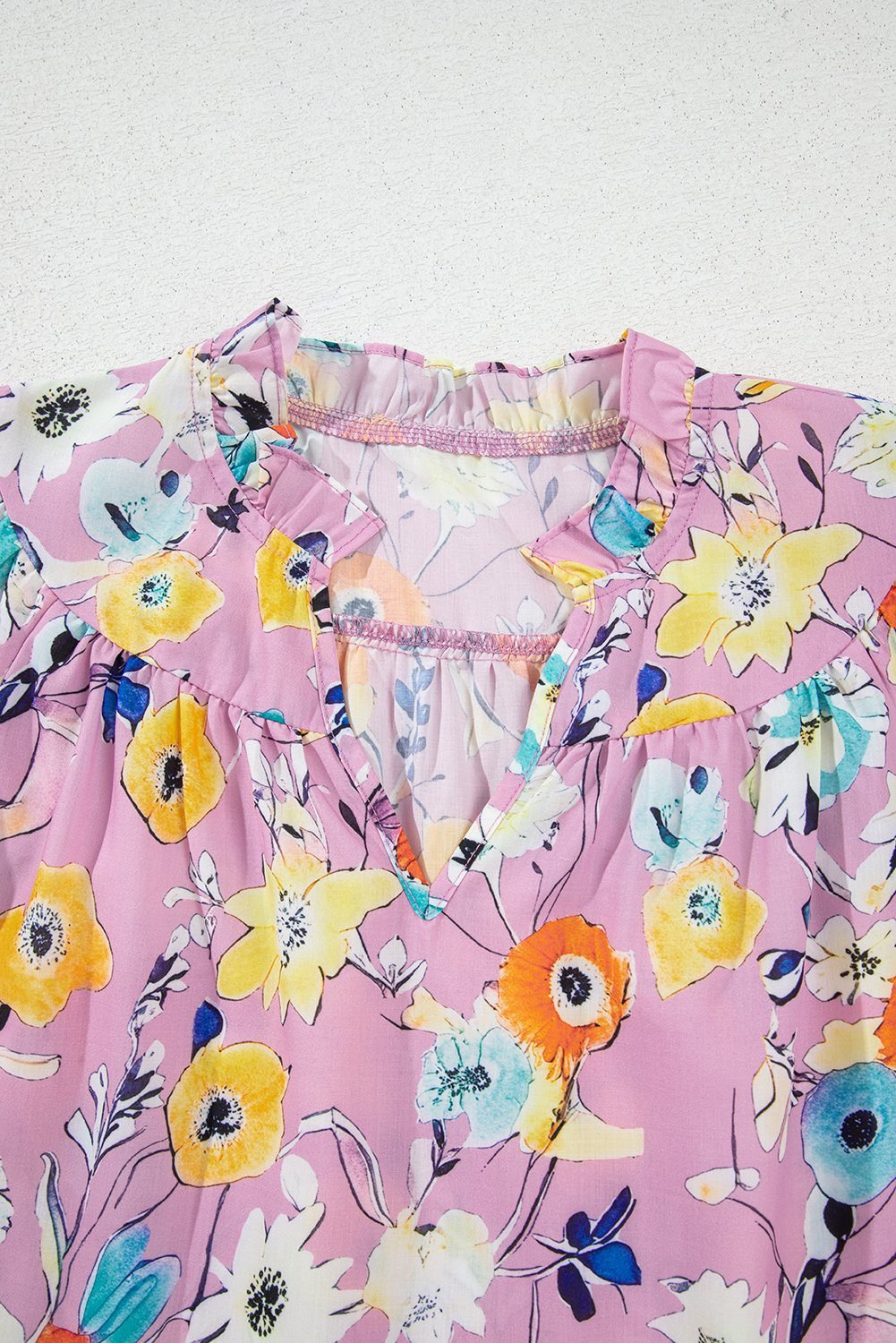 Pink Flutter Sleeve V Neck Floral Top