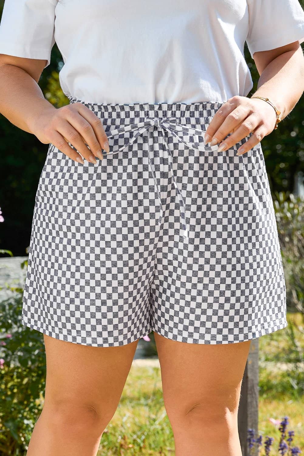Gray Checkerboard Lace-Up High Waist Plus Size Casual Shorts