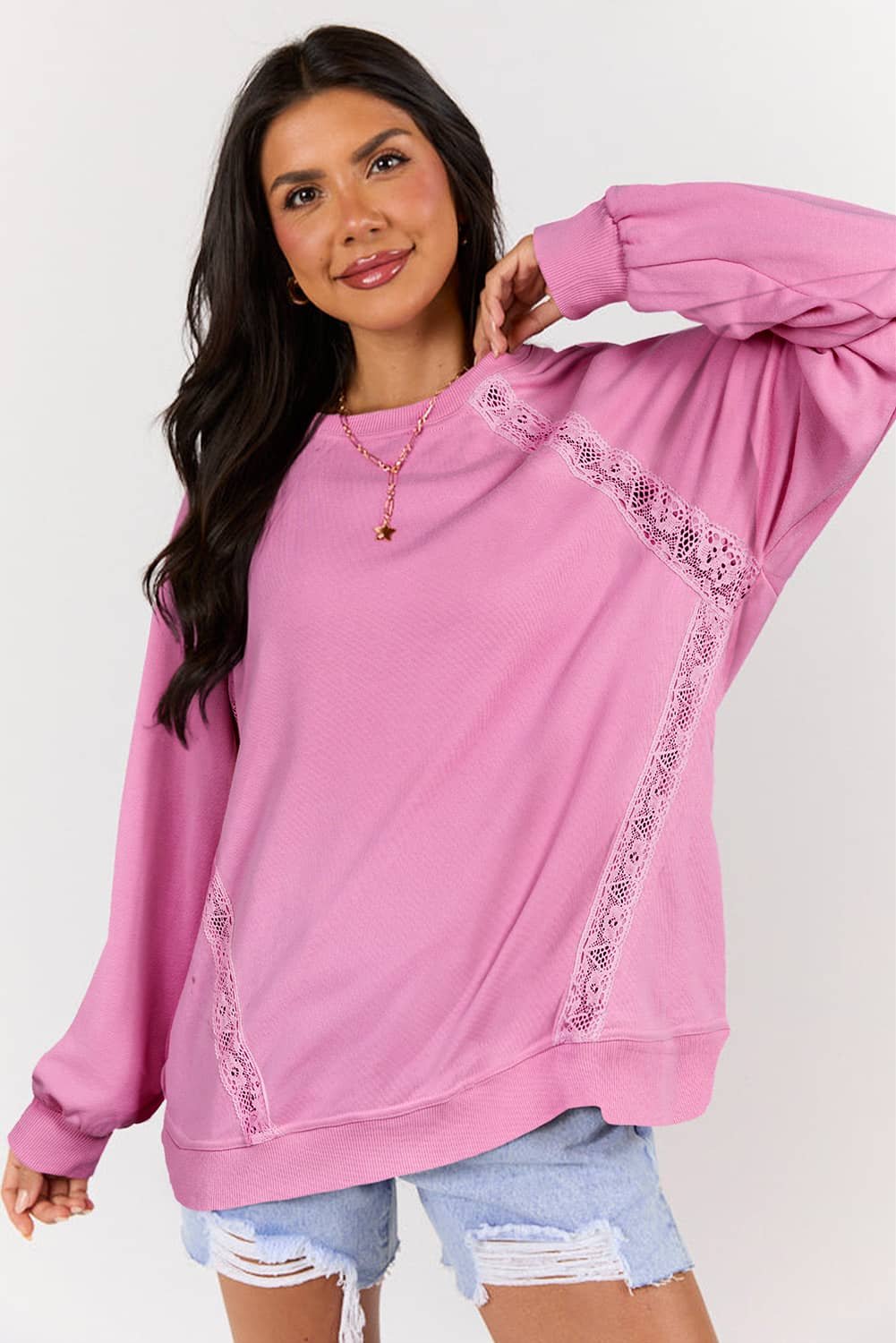 Bright Pink Lace Patched Raglan Sleeve Loose Fit Sweatshirt