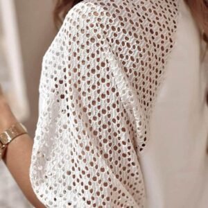 White Pointelle Lace Half Sleeve Crew Neck Tee