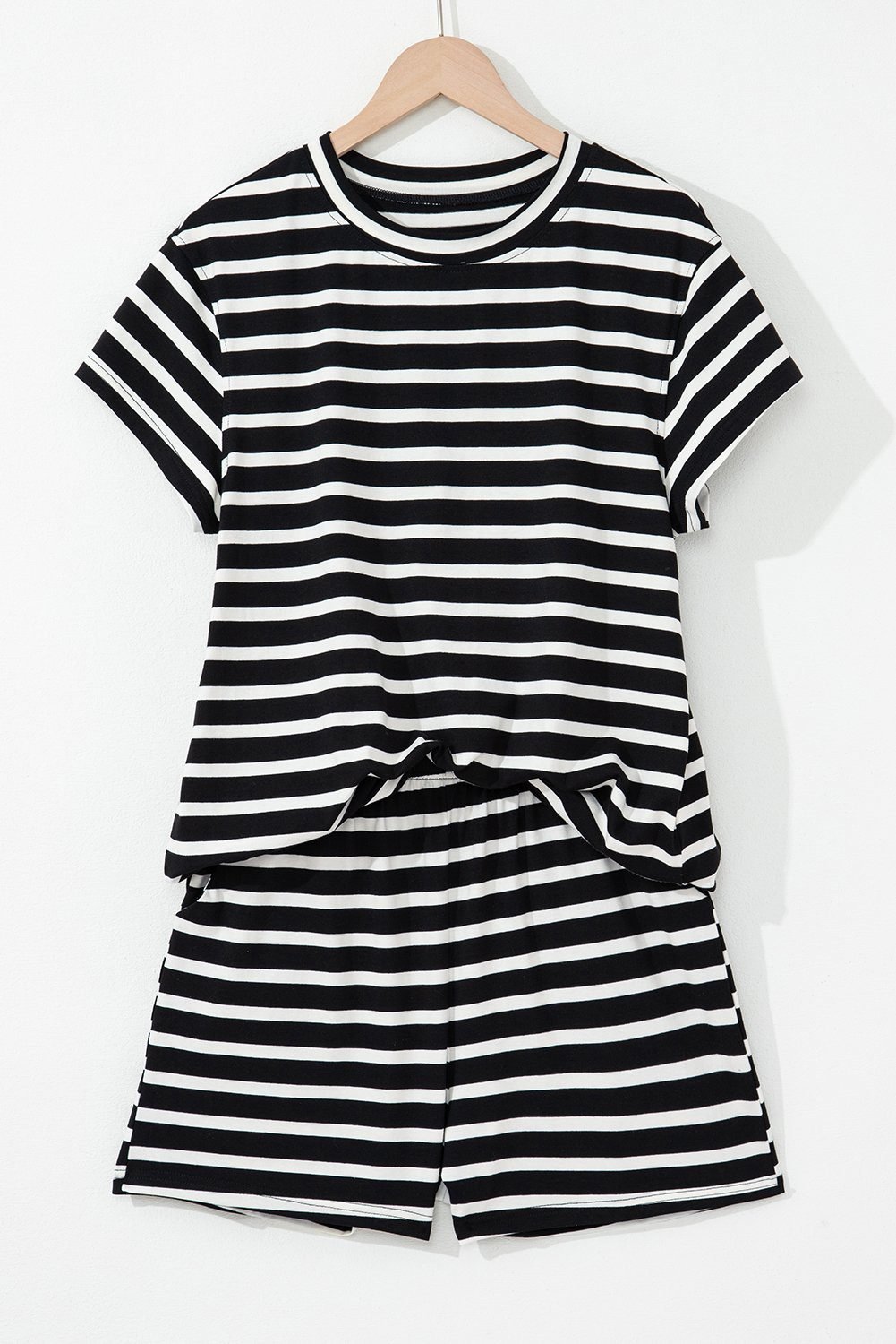Black White Striped Short Sleeve Top And Shorts Set