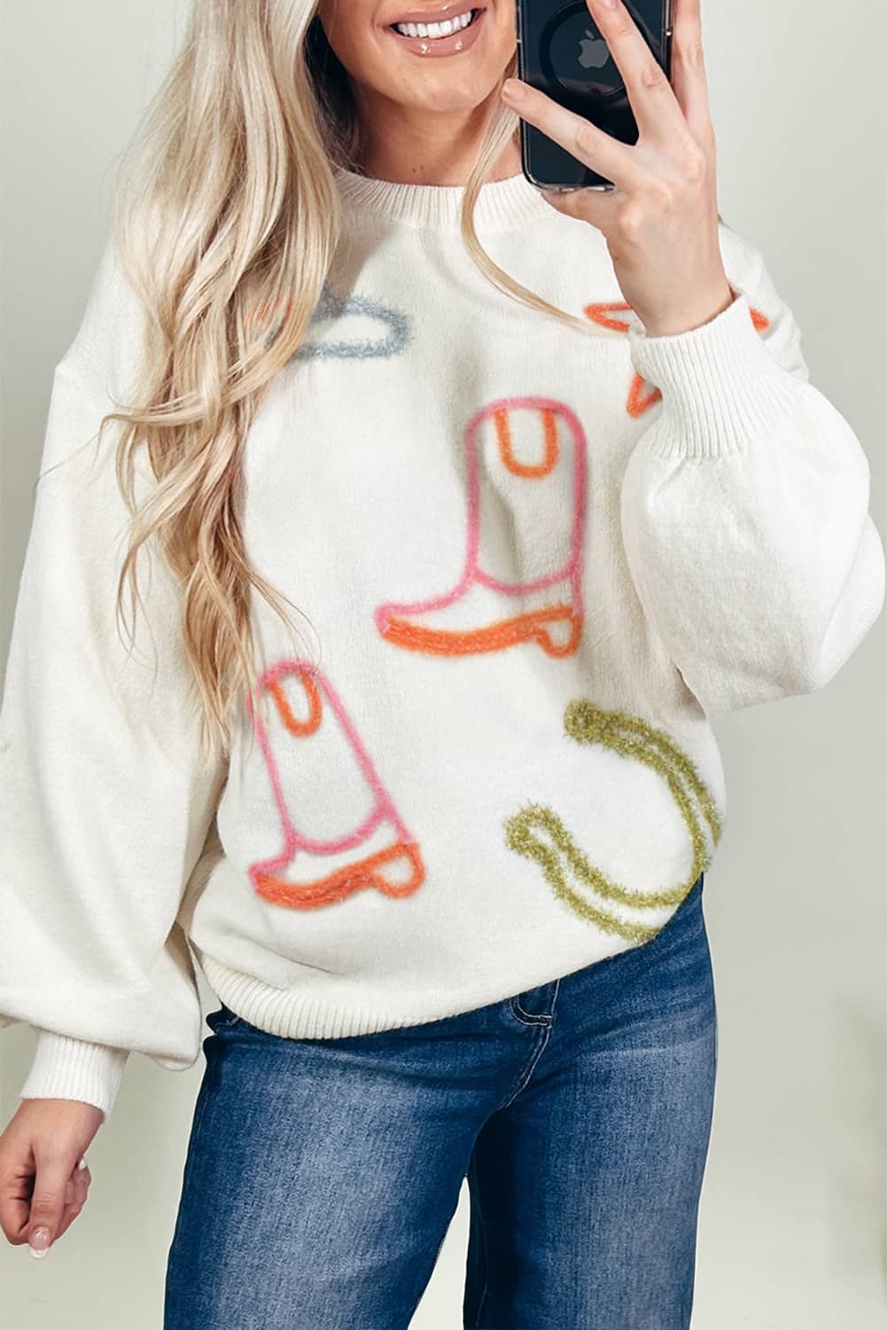 White Tinsel Western Boots Horseshoe Star Knit Crew Neck Sweater