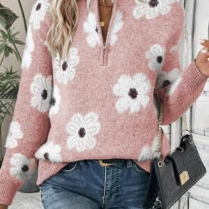 Pink Floral Pattern Half Zip Drop Shoulder Sweater